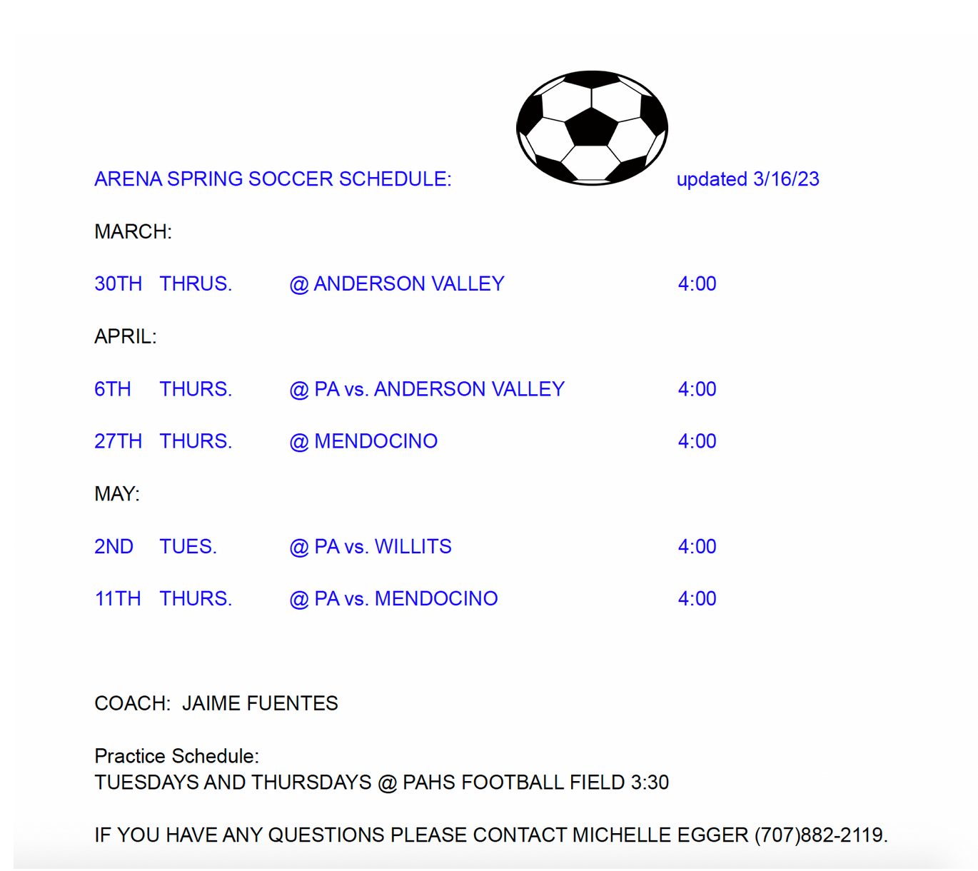 spring soccer schedule